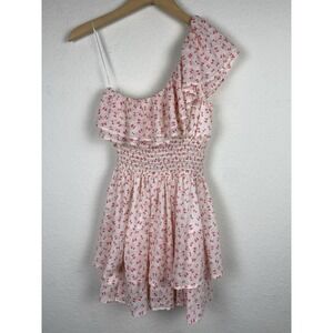 Francesca's M One Shoulder Mini Dress Bow Print Ruffle Pink Coquette Party NWT